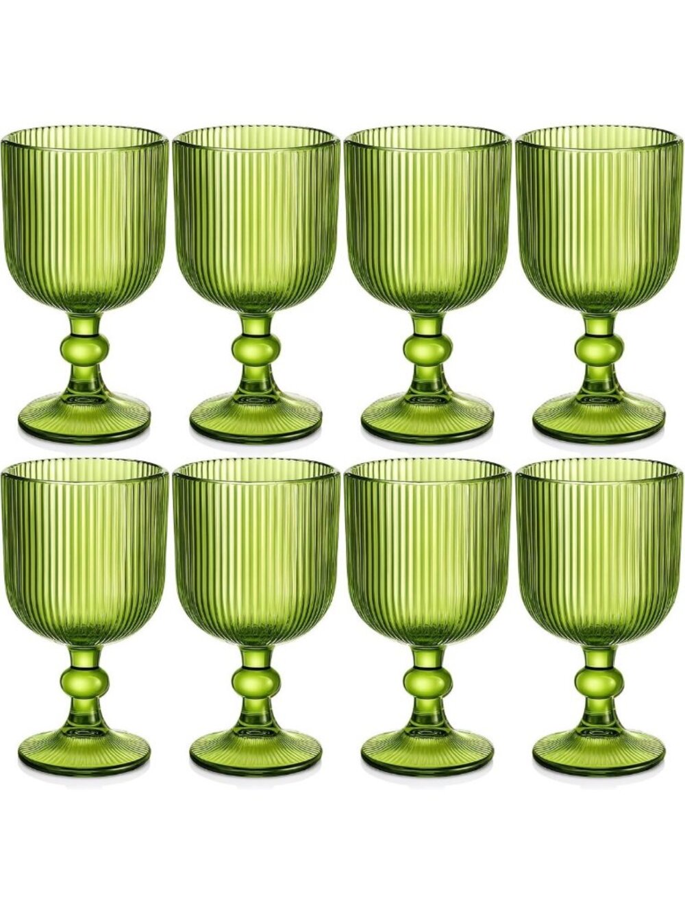 Elegant Green Fluted Goblet Drinking Glasses Set of 8 - 13oz Perfect for Parties